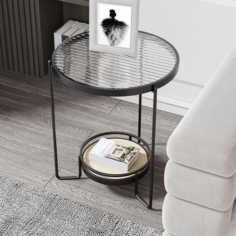 Modern 23.62" Tall Iron Frame End Table Round Glass Top Side Table with Shelf