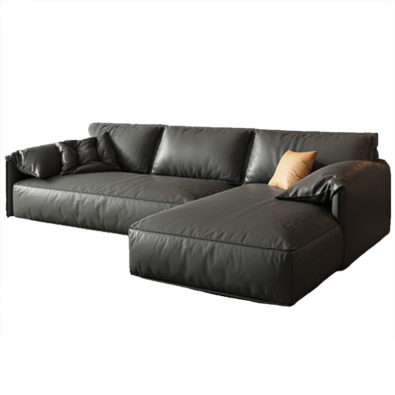 Sezionali di cuscini in pelle vera nera sezioni fisse in legno da 70 "