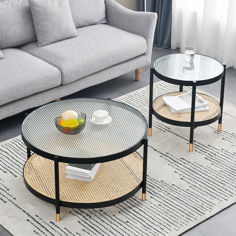 Table basse moderne en verre transparent avec rangement, ensemble de Table à cocktail ronde à 4 pieds