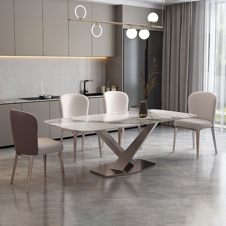 Minimalist Style Sintered Stone Dining Table with White Fixed Table and Trestle Base for Home Use Clearhalo 'Dining Room Sets' 'Dining Tables & Seating' 'dining_room_set' 'furn' 'furn_dining_room_set' 'Furniture' 'furniture_dining_room_set' 'Kitchen & Dining Furniture' 'kitchen&dining_furn' 'kitchen' 1200x1200_0f2fbc54-ab27-4cd0-b6b6-665b9a742d88
