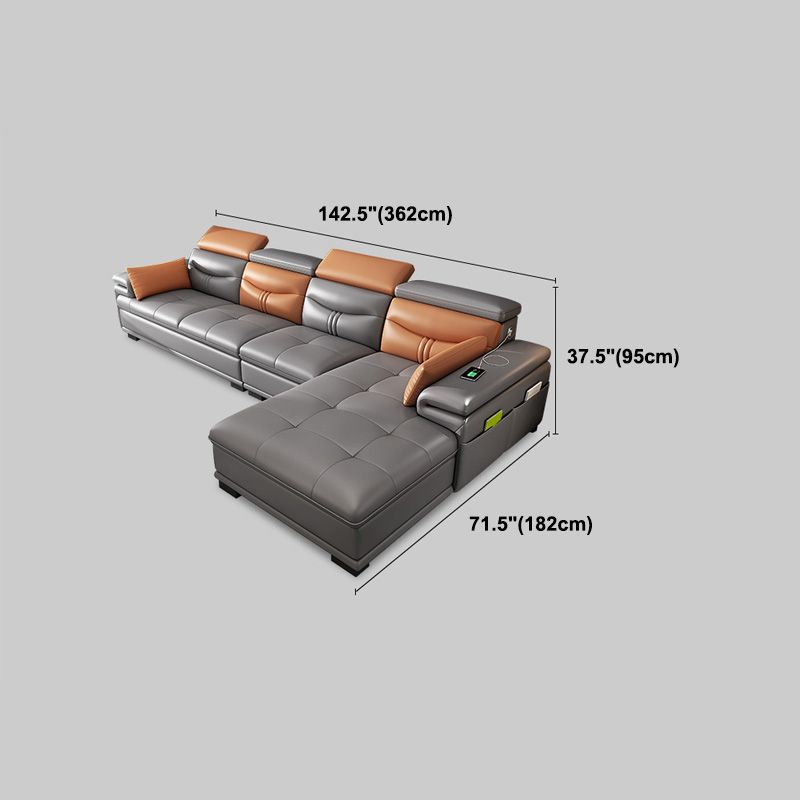 Gray Genuine Leather Sectional Sofa with Storage Bag Adjustable Sofa