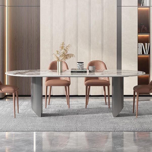 Sintered Stone Dining Table Modern Table in White with Grey Double Pedestal Clearhalo ' dining_table' 'Dining Tables & Seating' 'Dining Tables' 'furn' 'furn_dining_table' 'Furniture' 'furniture_dining_table' 'Kitchen & Dining Furniture' 'kitchen&dining_furn' 'kitchen' 'kitchen_dining_table' 1200x1200_0f538321-d768-44cd-a056-4fca28dfb1da