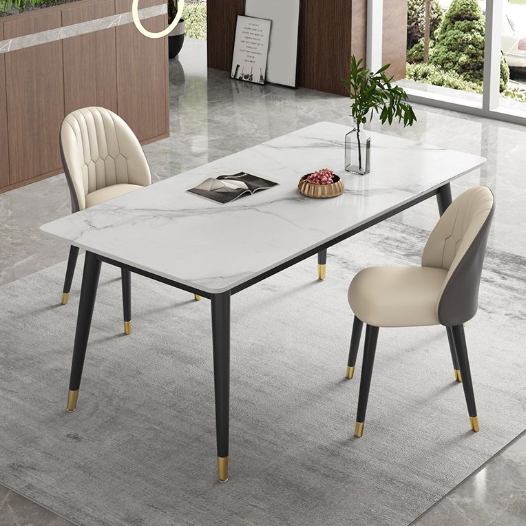 Contemporary Style Sintered Stone Dining Set with White Table and 4 Black Legs Base Clearhalo 'Dining Room Sets' 'Dining Tables & Seating' 'dining_room_set' 'furn' 'furn_dining_room_set' 'Furniture' 'furniture_dining_room_set' 'Kitchen & Dining Furniture' 'kitchen&dining_furn' 'kitchen' 1200x1200_0f71191a-9574-4105-9a6b-71970504f698
