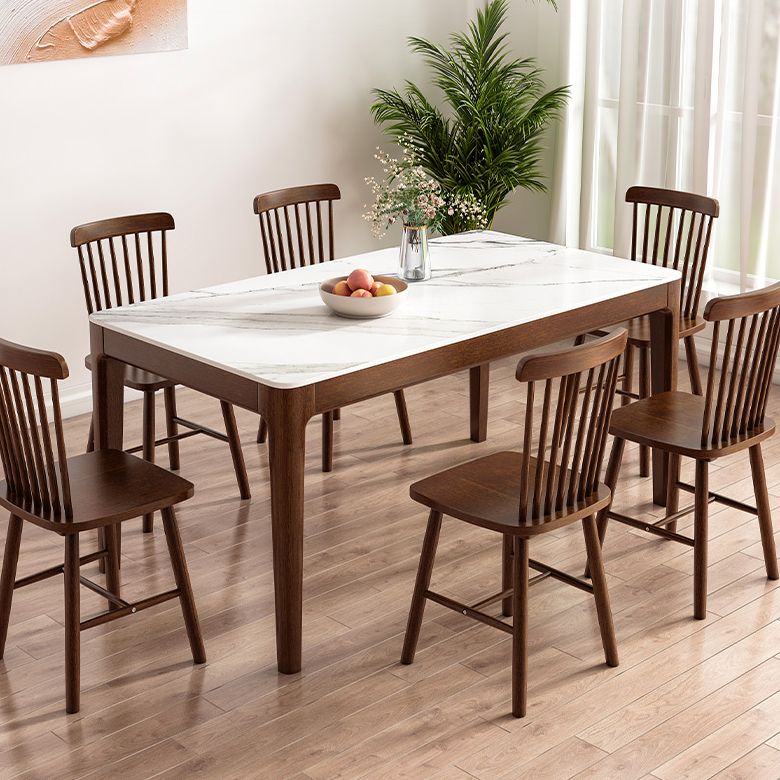Modern Rectangular Stone Top White Dining Table with 4 Brown Rubberwood Legs Clearhalo 'Dining Tables & Seating' 'Dining Tables' 'dining_table' 'furn' 'furn_dining_table' 'Furniture' 'Kitchen & Dining Furniture' 1200x1200_0fa27a97-5723-4fd2-9f52-7aecaac0fa24