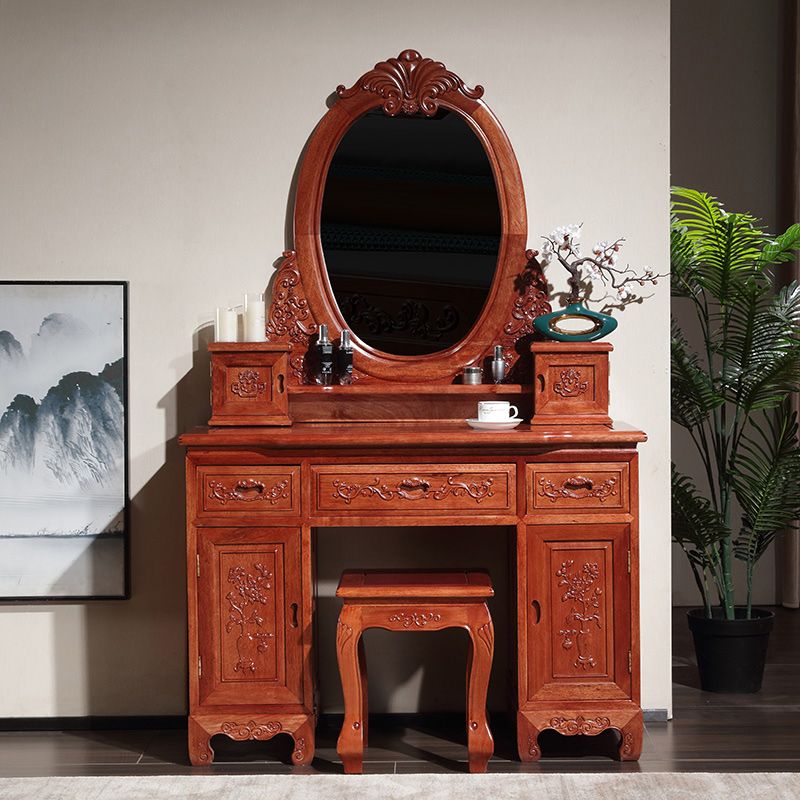 Solid Wood Red and Brown Makeup Table Vanity with Drawer and Mirror