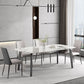 White Modern Rectangular Stone Dining Table with Stainless Steel Base Clearhalo 'Dining Tables & Seating' 'Dining Tables' 'dining_table' 'furn' 'furn_dining_table' 'Furniture' 'Kitchen & Dining Furniture' 1200x1200_0ff76ce8-f10c-4253-8caf-a6683ccbf06d