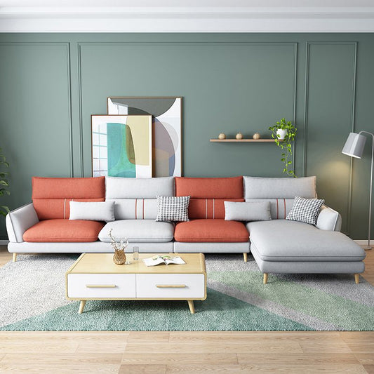 Fabric Pillow Back Sectional Flared Arm Sectional with Wood Accents