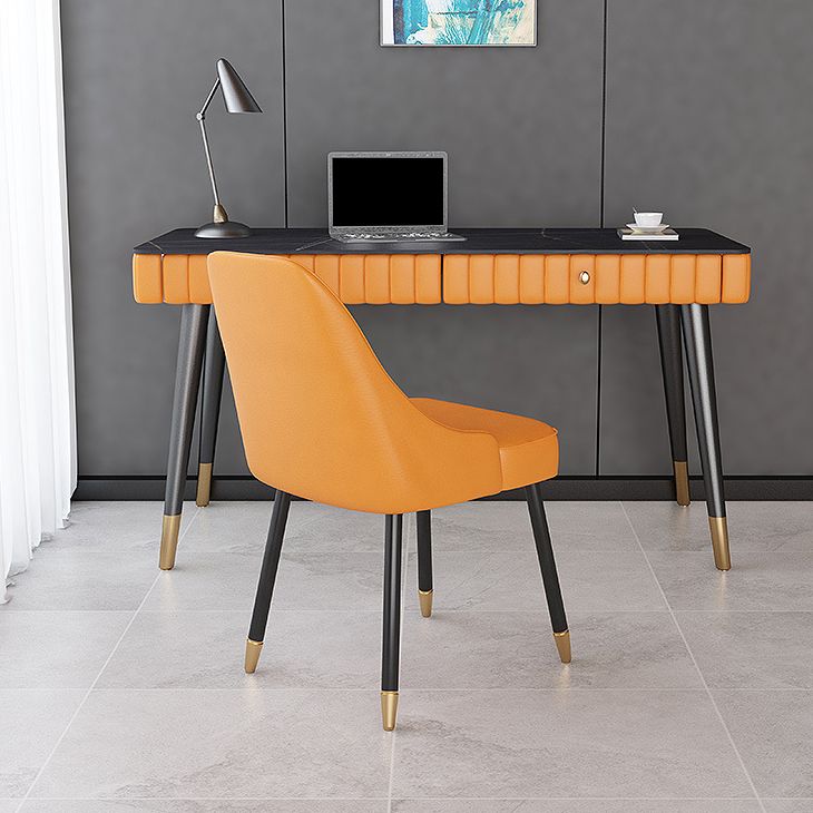 Contemporary Office Desk Sintered Stone Desktop with 2 Drawers Black Table Leg Desk Clearhalo 'furn' 'furn_office_desk' 'Furniture' 'Office Desks' 'Office Furniture' 'office_desk' 1200x1200_102f8459-cfde-4d8e-9437-a3aafb928a3e