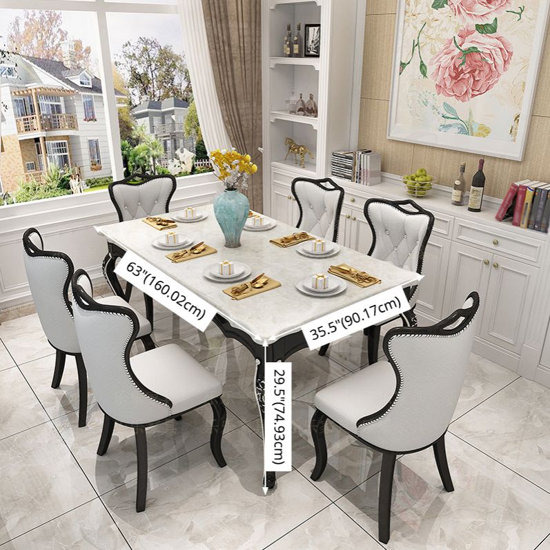 Victorian Style Marble Dining Set with White Rectangle Table and 4 Black Legs Base for Home Use Clearhalo 'Dining Room Sets' 'Dining Tables & Seating' 'dining_room_set' 'furn' 'furn_dining_room_set' 'Furniture' 'furniture_dining_room_set' 'Kitchen & Dining Furniture' 'kitchen&dining_furn' 'kitchen' 1200x1200_107288c4-1c78-4366-92e2-663e033ec7d5