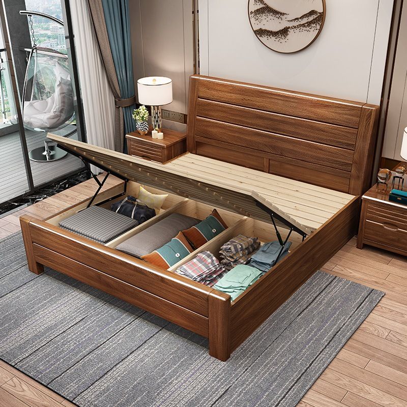 Walnut Solid Color Panel Bed Mid-Century Modern Standard Bed with Headboard