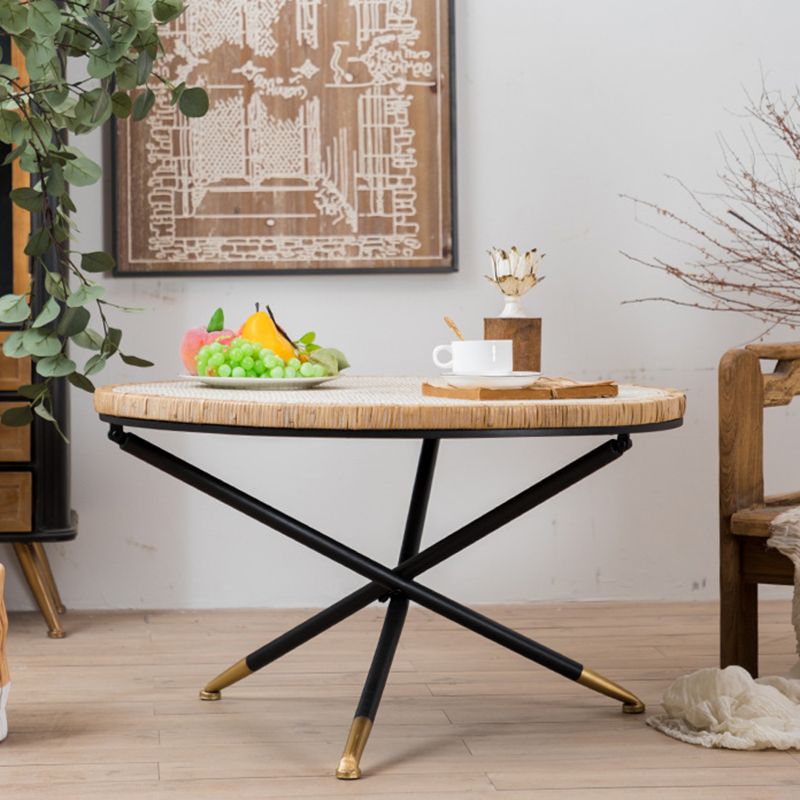 Cross Legs Round Glass Coffee Cocktail Table with Rattan Accent Clearhalo 'Coffee & Accent Tables' 'Coffee Tables' 'coffee_tables' 'furn' 'furn_coffee_tables' 'Furniture' 'Living Room Furniture' 1200x1200_10b9361f-47e1-4461-b3dc-ca8c969b78dc