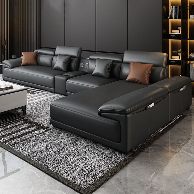 Black Faux Leather Sofa 33.46" H Pillow Top Arm Sofa & Chaise Clearhalo 'furn' 'furn_sectionals' 'Furniture' 'furniture_sectionals' 'Living Room Furniture' 'Sectionals' 1200x1200_10c96c8e-bedd-4b07-a310-681adf823682