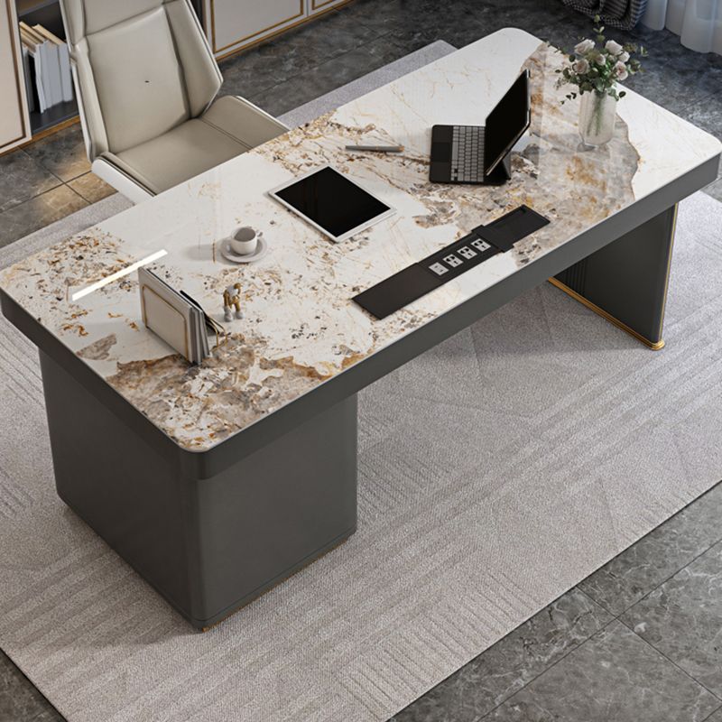 Dark Taupe Writing Desk Drawers Storage Glam Office Desk with Built in Outlets Clearhalo 'furn' 'furn_office_desk' 'Furniture' 'Office Desks' 'Office Furniture' 'office_desk' 1200x1200_10e0f439-85a5-4dc2-9a8d-115d451e2ff8