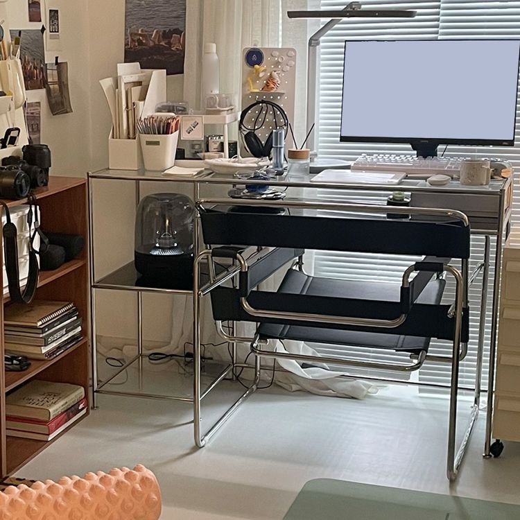 Bureau de bureau en verre moderne de 31,5 pouces de haut avec des jambes en acier inoxydable