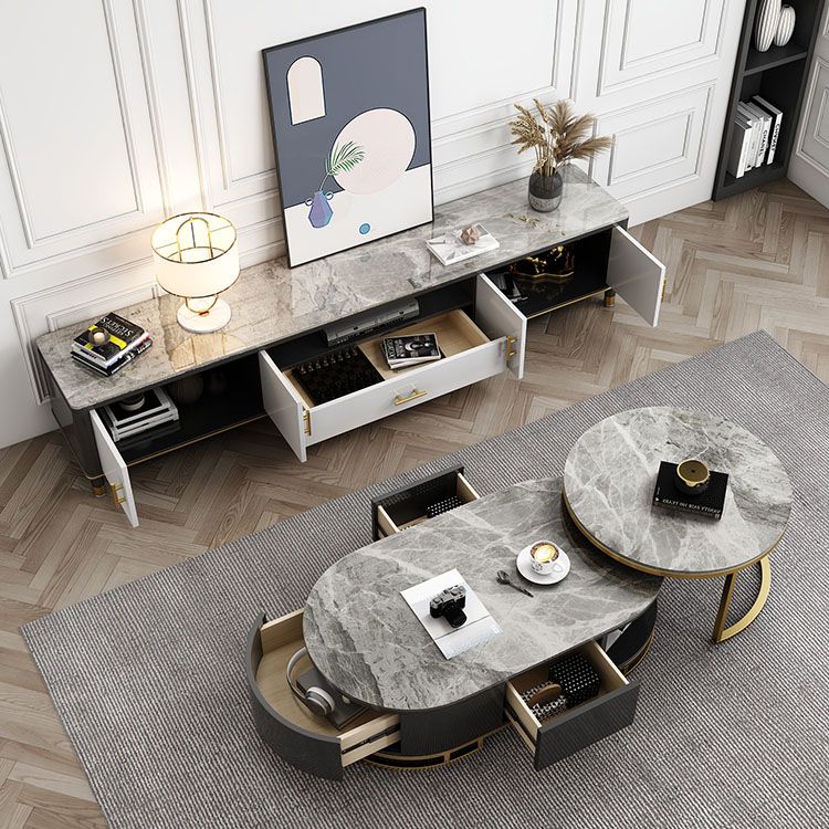 Stone Media Console Glam Faux Wood 1 Drawer TV Console with Doors Clearhalo 'furn' 'furn_tv_stands_entertainment_centers' 'Furniture' 'Living Room Furniture' 'TV Stands & Entertainment Centers' 'TV Stands & Media Storage Furniture' 'tv_stands_entertainment_centers' 1200x1200_10f96fdb-53de-4850-b195-0fcc33c22c7b