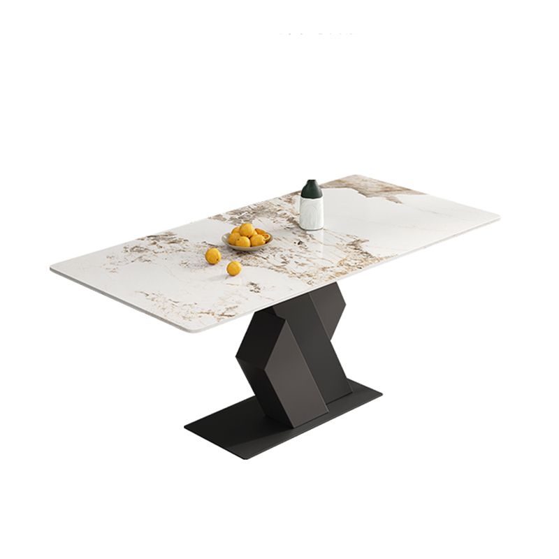 Mesa de comedor industrial de piedra sinterizada Mesa rectangular con base de pedestal de metal