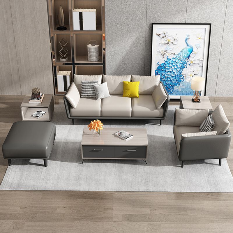 ステイン耐性標準のフェイクレザースクエアアームセッテソファ枕付き