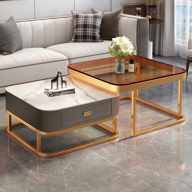 Modern 2 Nesting Glass Coffee Table Set Steel Frame Base 1 - Drawer Cocktail Table Clearhalo 'Coffee & Accent Tables' 'Coffee Tables' 'coffee_tables' 'furn' 'furn_coffee_tables' 'Furniture' 'Living Room Furniture' 1200x1200_111027d5-b16c-4ac9-a08c-b3d969b3c7e7