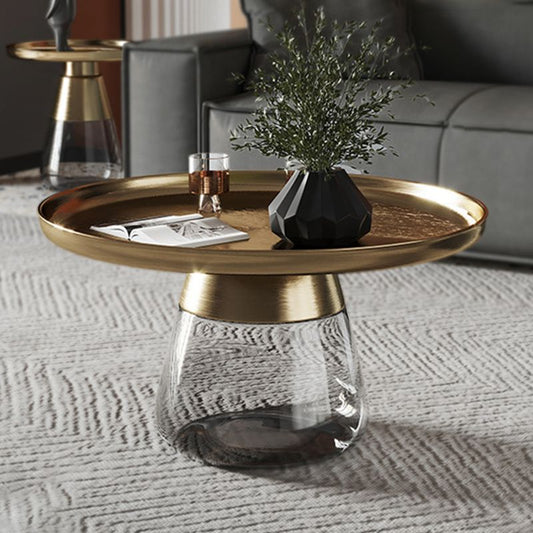 Mid-Century Modern Pedestal Metal Round Glass Single Coffee Table