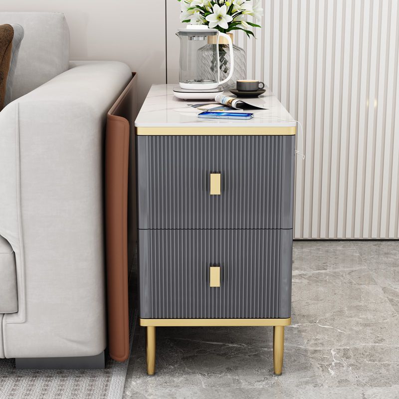 Rechthoekig ijzer 4 poten bijzettafel met twee ladjes eindtafel in grijs/zilver