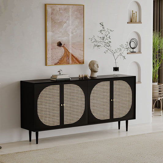 Black Wicker Doors Contemporary Sideboard Solid Wood Buffet Table for Dining Room