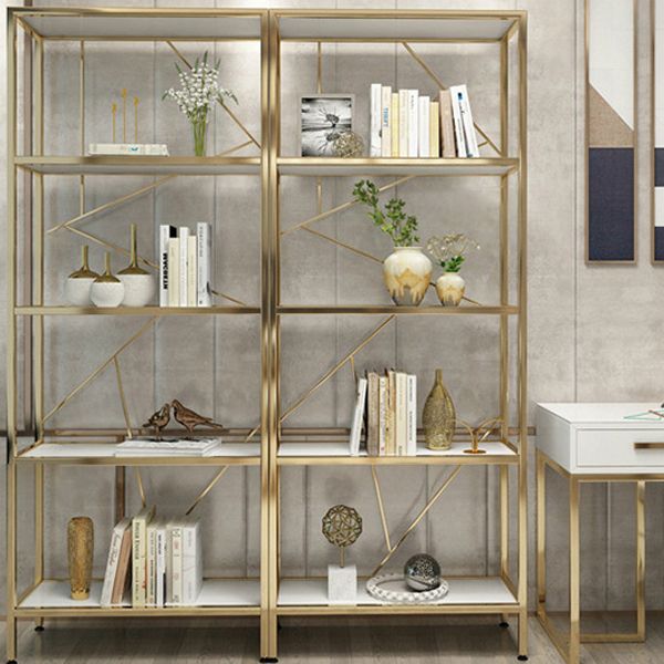 Scandinavian Open Etagere Bookshelf with Gold Iron Frame White Manufactured Wood Shelf Clearhalo 'Bookcases' 'furn' 'furn_bookcases' 'Furniture' 'furniture_bookcases' 'kitchen' 'kitchen_bookcases' 'Living Room Furniture' 'Office Furniture' 1200x1200_11653a4c-1bfc-4cf8-80f1-06257533305f