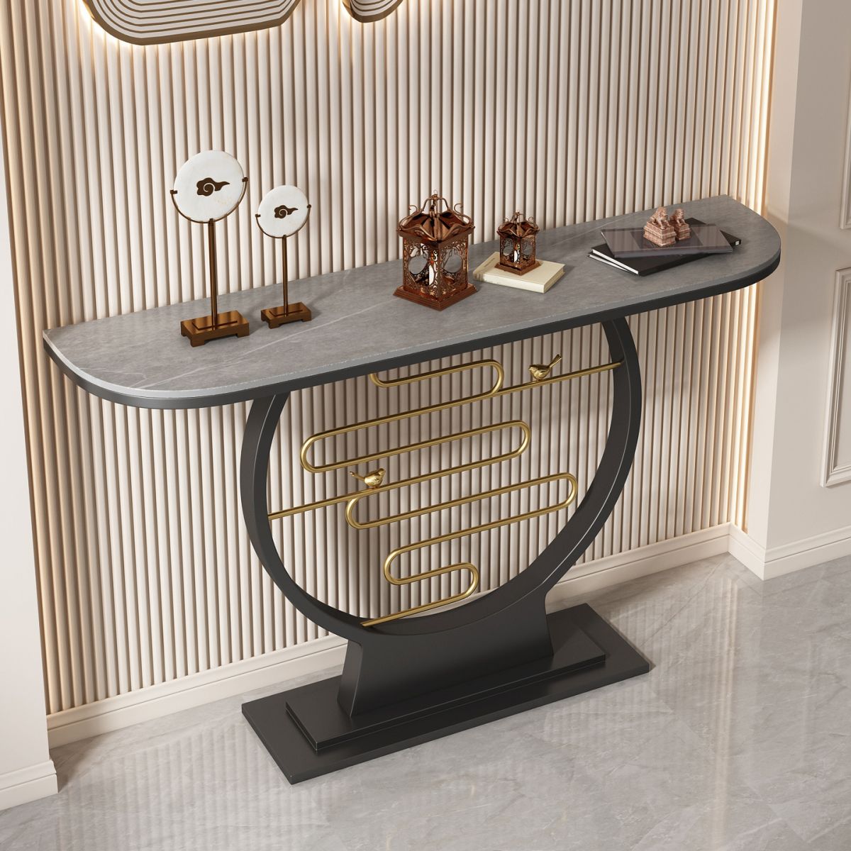 Glam Console Accent Table Antique Finish Sofa Console Table in Stone Clearhalo 'Console Tables' 'console_tables' 'Entry & Mudroom Furniture' 'furn' 'furn_console_tables' 'Furniture' 1200x1200_11782b3c-2f26-4794-8a63-f1f453992695