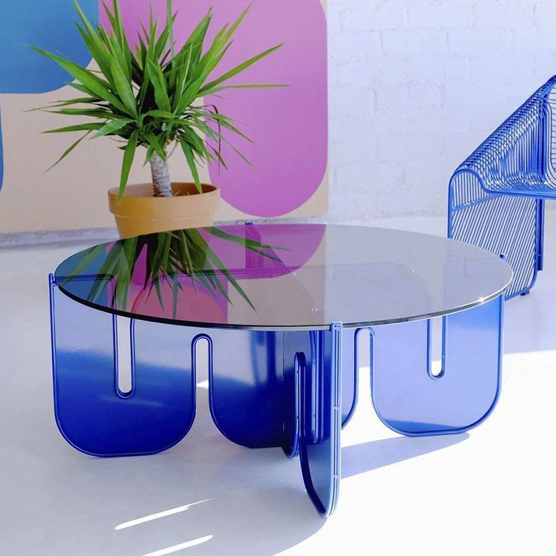 Round Glass Top Coffee Table with Cross Acrylic Base Cocktail Table Clearhalo 'Coffee & Accent Tables' 'Coffee Tables' 'coffee_tables' 'furn' 'furn_coffee_tables' 'Furniture' 'Living Room Furniture' 1200x1200_119108d3-6df5-4531-a444-bc34ba0afc59