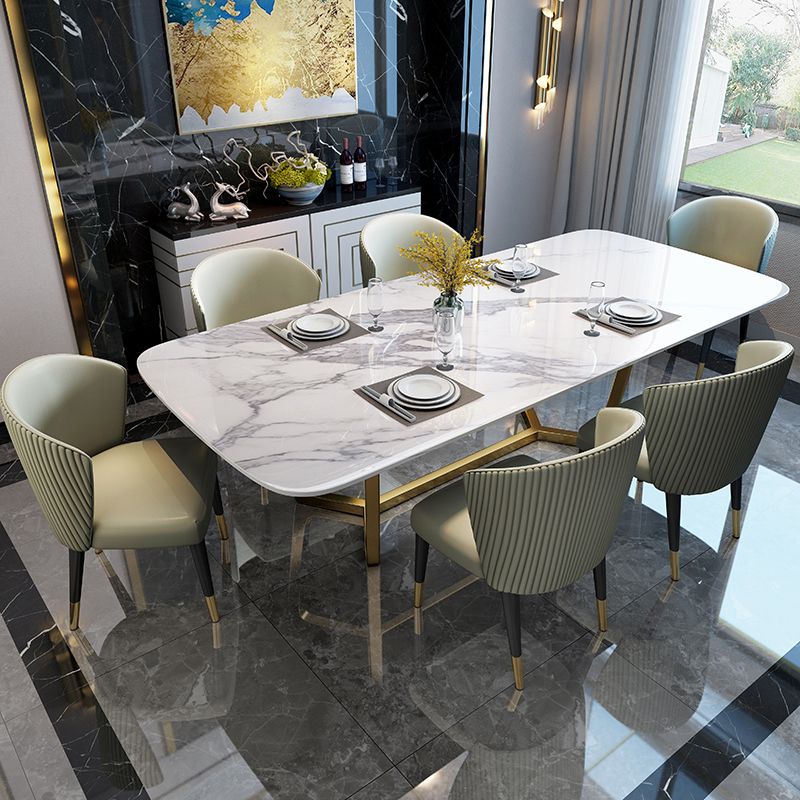 Marble White Tone Dining Table Glam Style Trestle Base Table for Dining Room Clearhalo ' dining_table' 'Dining Tables & Seating' 'Dining Tables' 'furn' 'furn_dining_table' 'Furniture' 'furniture_dining_table' 'Kitchen & Dining Furniture' 'kitchen&dining_furn' 'kitchen' 'kitchen_dining_table' 1200x1200_11c46ca5-a820-4221-a209-67016fb6b11d