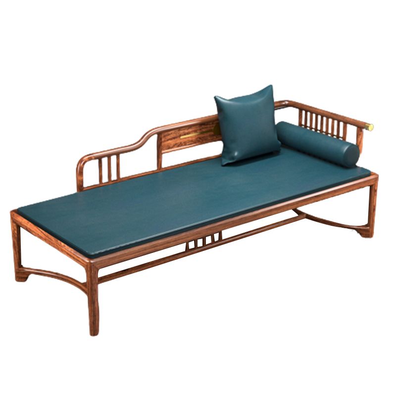 Chaise longue tradizionale marrone con braccioli in legno con braccioli rotondi per camera da letto, soggiorno