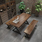 Mesa de comedor rectangular de madera maciza de estilo industrial con patas de hierro de pedestal doble