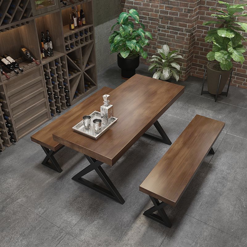 Mesa de comedor rectangular de madera maciza de estilo industrial con patas de hierro de pedestal doble