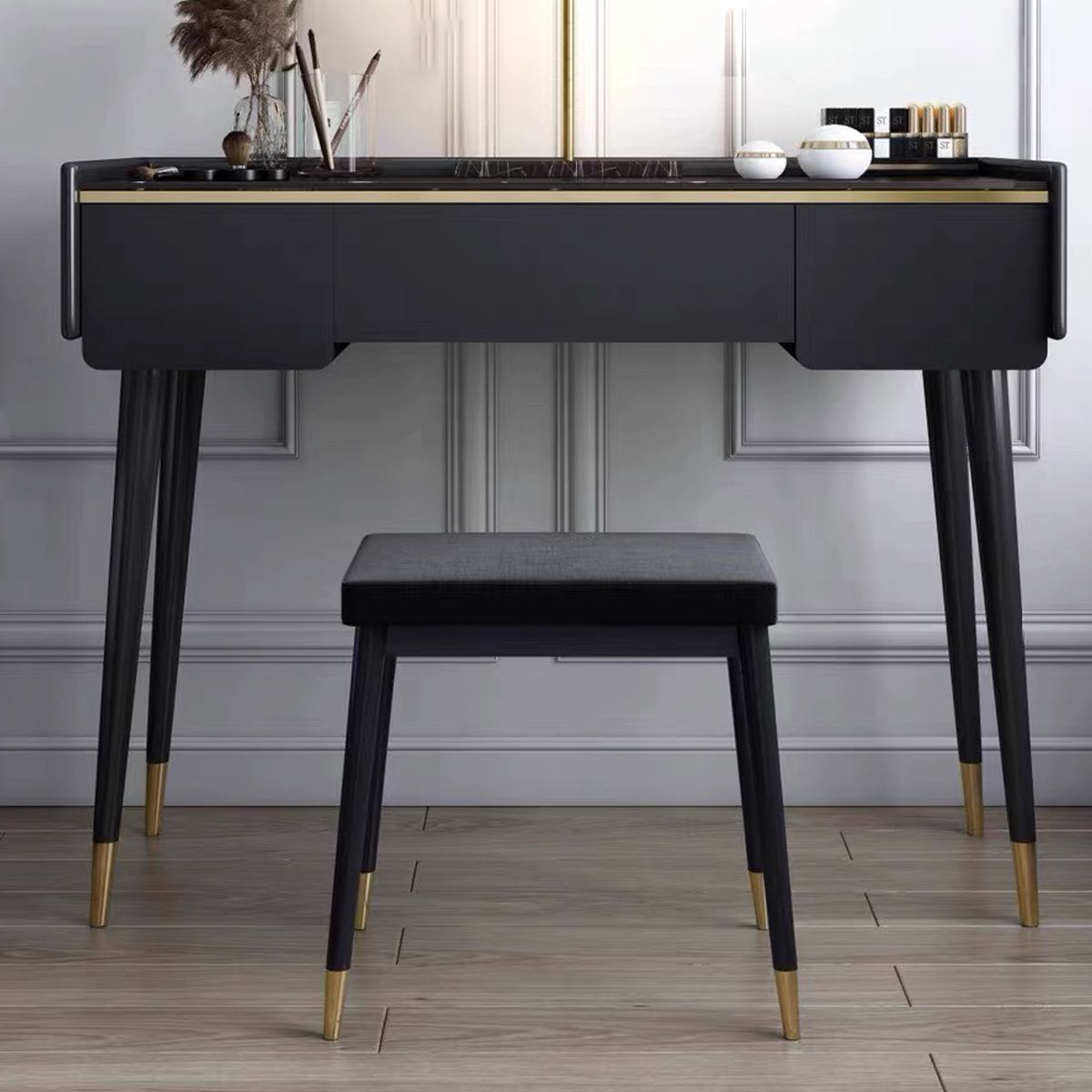 Glam houten framekrandtafel leisteen top ijdelheid met laden