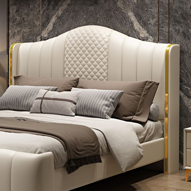 Glam Beige Standard Bed Camel Back Pine Wood and Metal Panel Bed Clearhalo 'Bedroom Furniture' 'Beds' 'furn' 'furn_beds' 'Furniture' 1200x1200_125f1a29-a5b8-4c0b-9042-28e22c1731a1