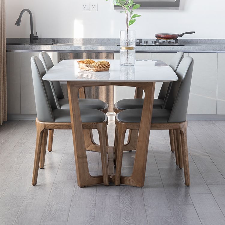 White Dining Table with Trestle Base Modern Natural Frame Dinner Room Kitchen Table