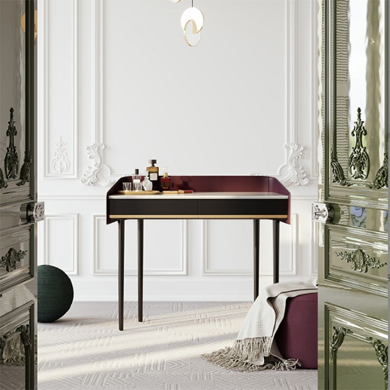 Conjunto de mesa de maquillaje de tocador de piedra simple contemporánea con espejo y taburetes