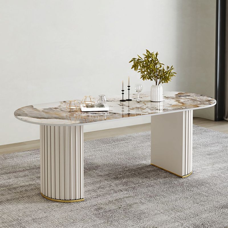 豪華な焼結ストーンダイニングデスクオーバルシェイプダブルベースキッチンテーブル