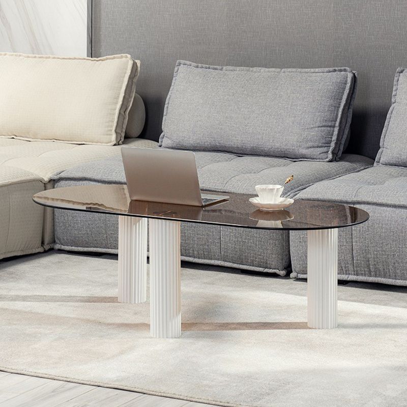 Contemporary Oval Glass Top Coffee Table with 3 Wooden Legs Cocktail Table Clearhalo 'Coffee & Accent Tables' 'Coffee Tables' 'coffee_tables' 'furn' 'furn_coffee_tables' 'Furniture' 'Living Room Furniture' 1200x1200_12fc1fd7-5fa2-4f60-88f1-6f5086189ca1