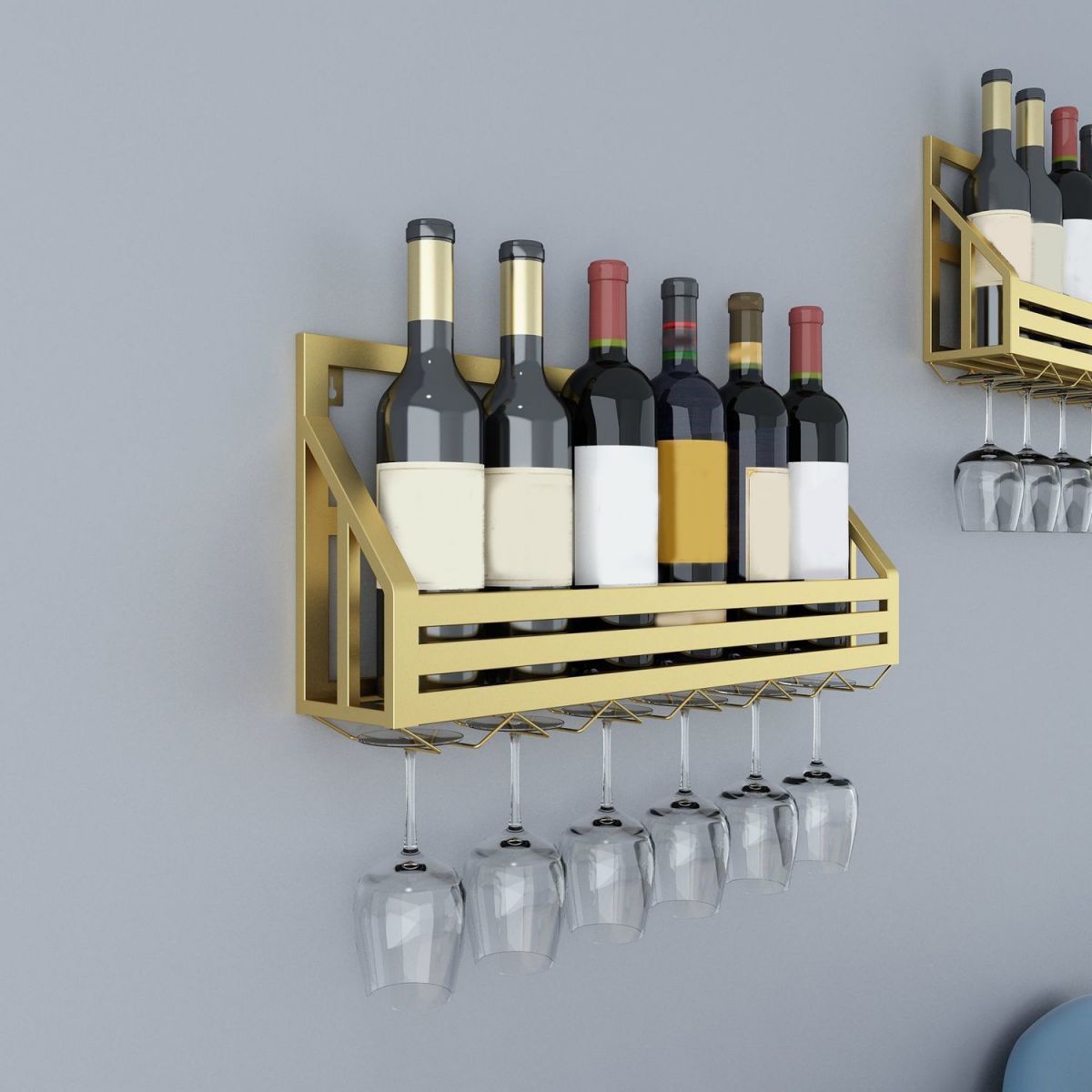 Metal Wall Mounted Wine Bottle & Glass Rack Modern Wine Holder for Kitchen