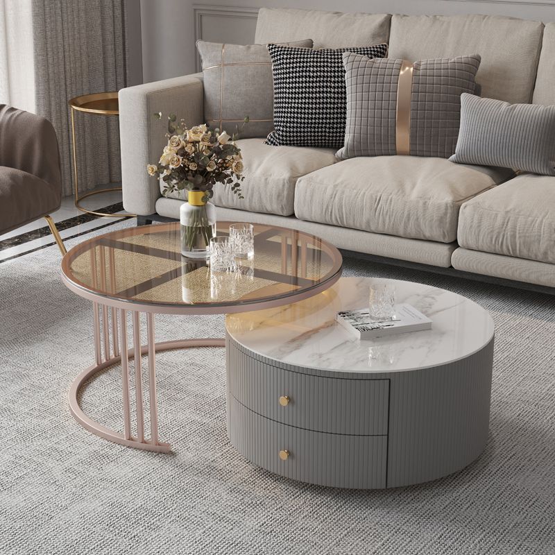 Modern Cocktail Table Round Glass / Slate Coffee Table with Storage Clearhalo 'Coffee & Accent Tables' 'Coffee Tables' 'coffee_tables' 'furn' 'furn_coffee_tables' 'Furniture' 'Living Room Furniture' 1200x1200_1318866b-cf1a-4e6f-9fdc-ff7904c5b086