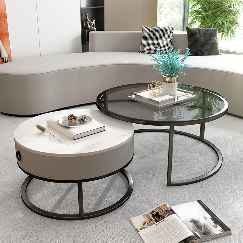 Round Glass Top Coffee Table Contemporary Frame Coffee Cocktail Table with Drawers Clearhalo 'Coffee & Accent Tables' 'Coffee Tables' 'coffee_tables' 'furn' 'furn_coffee_tables' 'Furniture' 'Living Room Furniture' 1200x1200_131e2f8a-4538-499f-a3bb-3f12c350fdc1