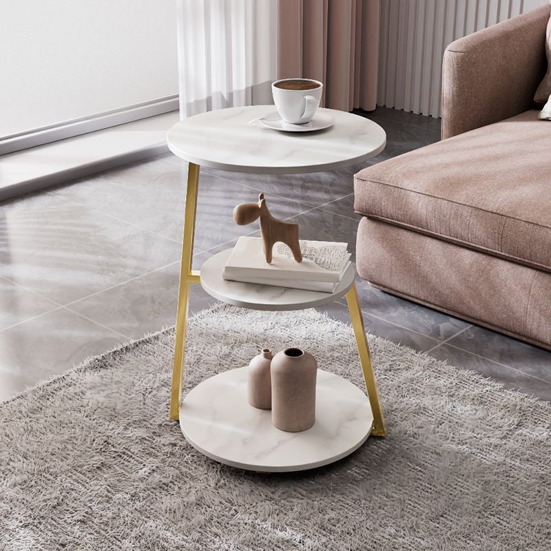 Glam Metal Side Table with Shelves Round Stone Top Accent Side Table