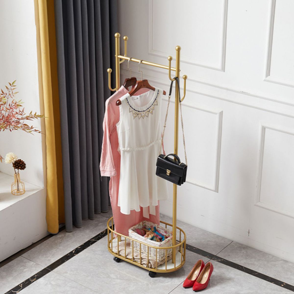 Popular Metal Coat Hanger Storage Basket Solid Color Coat Rack with Castors Clearhalo 'Entry & Mudroom Furniture' 'furn' 'furn_hall_tree_coat_racks' 'Furniture' 'Hall Trees & Coat Racks' 'hall_tree_coat_racks' 1200x1200_13355376-836e-4d5f-aa65-a8ac3dbece34