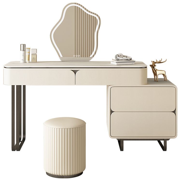 Contemporary Beige Makeup Vanity Desk with Drawers and Wooden Top