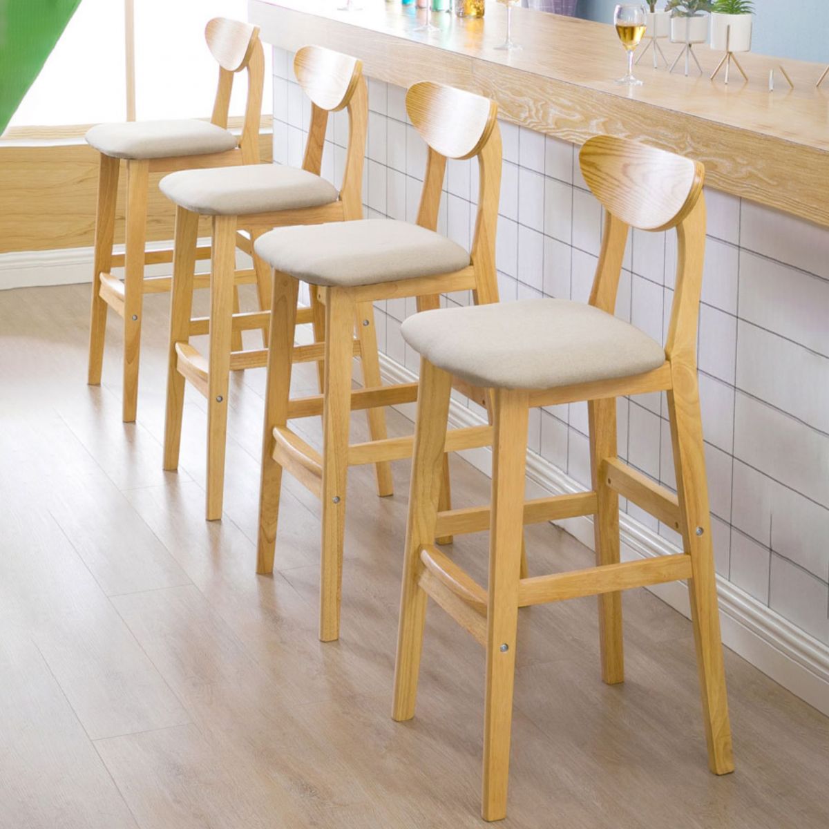 Industrial Armless Backrest Counter Stool Rubber Wood Cafe Bar Stool with Cushion