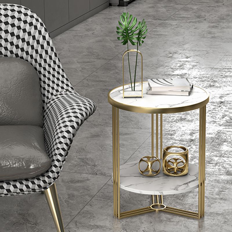Modern Style Metal Iron Gold Base Slab/marble Top Round with Storage Rack Side Table