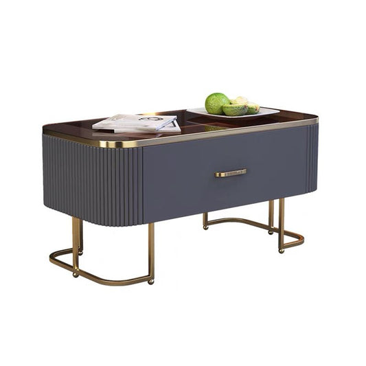 Tavolino contemporaneo con cassetto di stoccaggio e base a cornice dorata