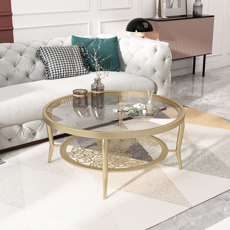 23.6"/17.7"H Modern 4 Legs Steel Base Glass Round Coffee Table with Shelf Clearhalo 'Coffee & Accent Tables' 'Coffee Tables' 'coffee_tables' 'furn' 'furn_coffee_tables' 'Furniture' 'furniture_coffee_tables' 'Living Room Furniture' 1200x1200_138a0939-1160-4327-8a3d-3da485f27f8c