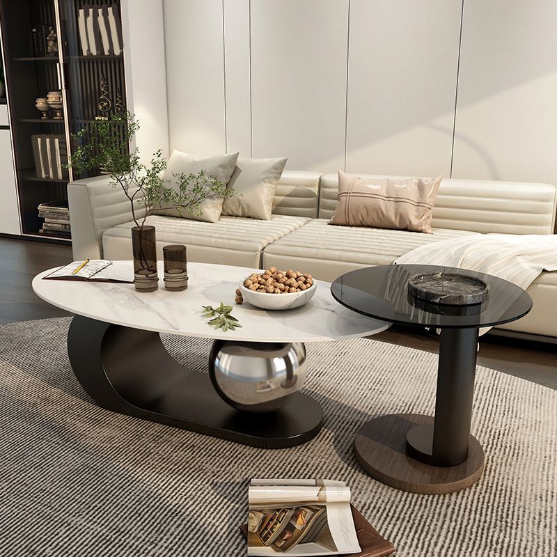 14"H Glam Coffee Table Slate Oval Pedestal Coffee Cocktail Table