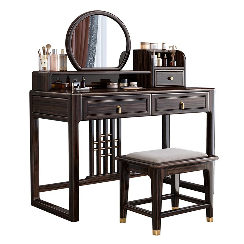 Solid Wood Vanity Set with Stool Set Brown Dresser with 3-Drawer and Mirror